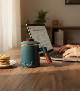 Seramik kupa, kapaklı ve süzgeçli, Koyu Haki, 400ML